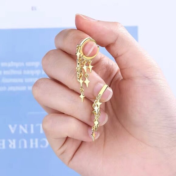 NWT Dangle Earrings Huggie Hoop Star Fringe Tassel 14K Gold Plated - Picture 5 of 10